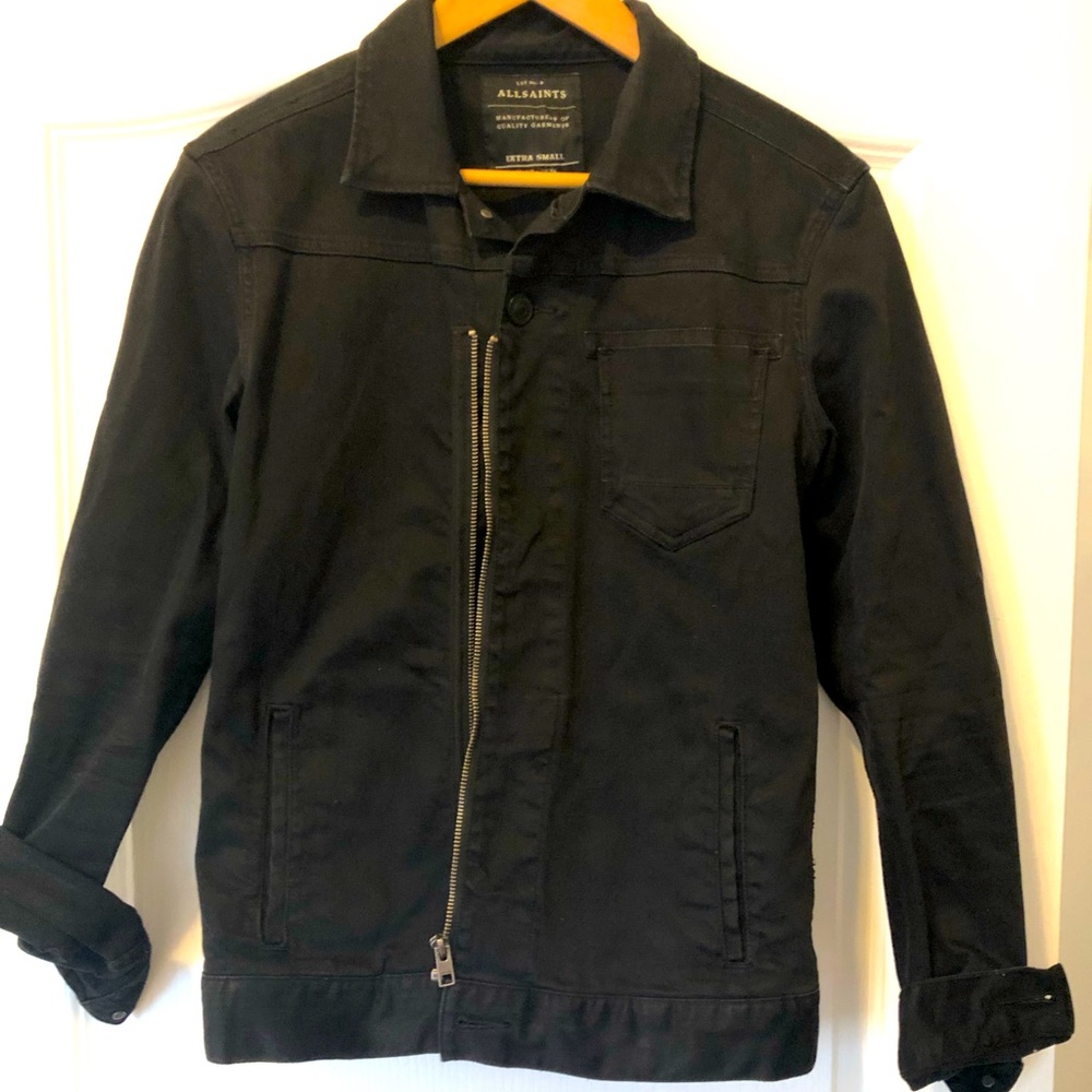 AllSaints Mens XS black denim zip front jacket